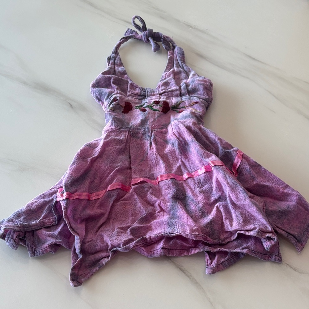 Purple Halter Dress with Floral Embroidery